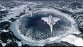 Ace Combat 5 concept art showing jet fighters over nuke crater in Waldreich Mountains